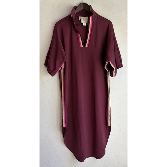 Emily Mccarthy Dresses & Skirts - Emily McCarthy Poppy Caftan Dress L Midi Maxi Plum Ponte Preppy Metallic Stripe